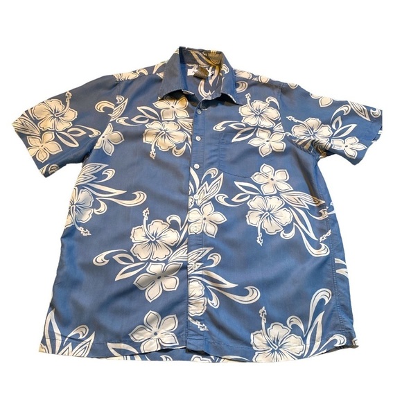 Vintage Rushgard Hawaiian Tropical Dad Button Down Shirt Top Blue Size Medium - Picture 2 of 11
